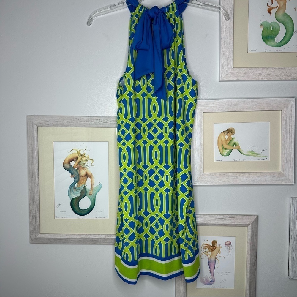 Mud Pie Green & Blue Geometric Natalie Bow Tie Mini Dress Women’s Size Small - Picture 5 of 10